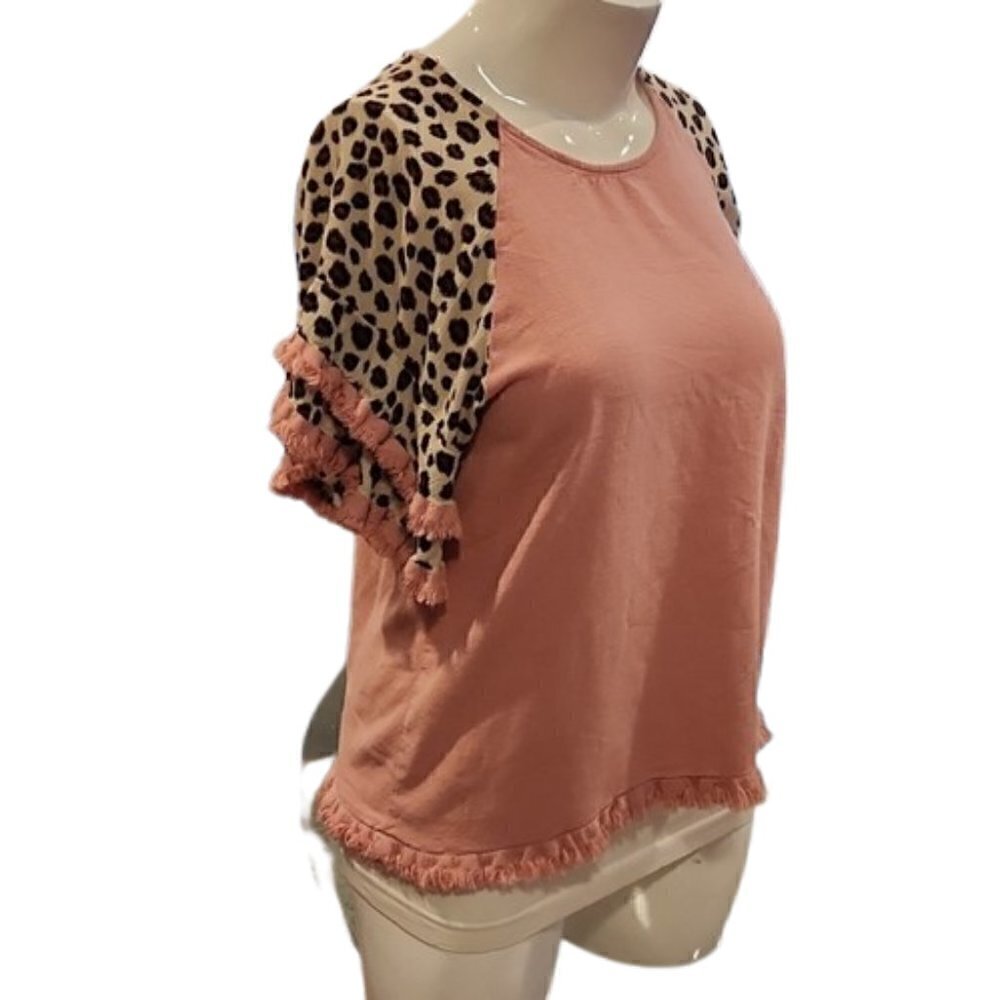 [Umgee] Pink Leopard Frayed Bell Sleeve Tunic - Size M - Picture 4 of 11